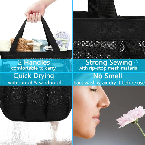 Odorless Mesh Shower Caddy With Dual Handles 8 Pocket Quick Dry Travel Organizer showing features of handles and material
