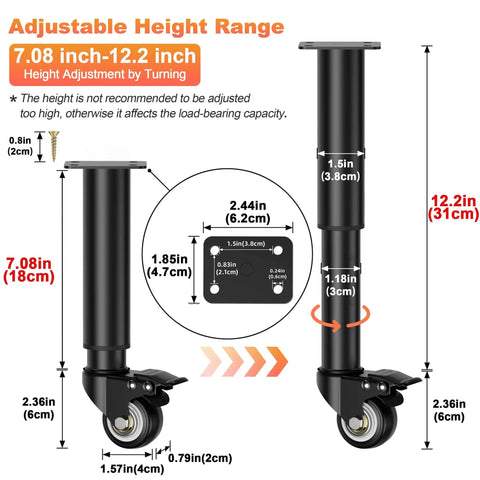 Adjustable Furniture Legs With 2.36 Inch Swivel Casters Heavy Duty Replacement Feet, height range 7.08-12.2 inches.