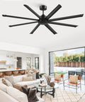84 Inch Large Ceiling Fan Without Light With 8 Aluminum Blades 6 Speed Remote Quiet DC Motor Industrial Indoor Outdoor Fan for Patio Garage Shop Black Finish installed in a modern living room.