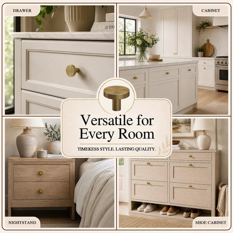 Four Pack Cabinet Drawer Knobs With Round Pulls For Closet Featuring Slick Brushed Antique Brass Finish Premium Aluminum Alloy Hardware No Fuss Install Rock Solid Grip on drawers and cabinets.