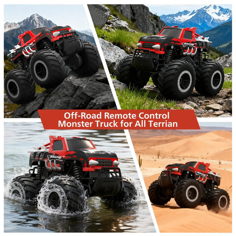 Amphibious RC Monster Truck 1 16 Scale on rocks, snow, water, and desert terrain showcasing all-terrain capability.