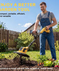 Man using Cordless Garden Tiller Cultivator With 48 Steel Tines, 360 RPM Rototiller on vegetable garden, showing versatility and efficiency.