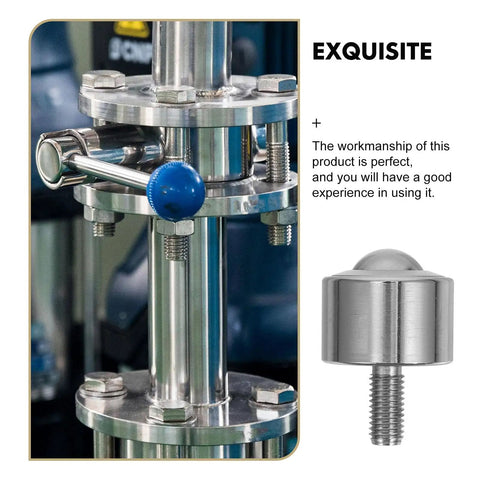 Close-up of high precision steel ball transfer bearing caster with M12 threaded bolt, installed in industrial machinery.
