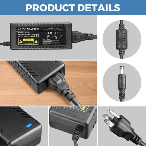 12V 4A 48W AC DC Power Supply Adapter for LED Strips and Modules, 100-240V Input, 5.5x2.5mm Output Jack, multiple views
