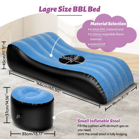 Large Size BBL Post Surgery Recovery Bed with U Shaped Cutout Hole, inflatable blue and black material, dimensions 166cm x 96cm.
