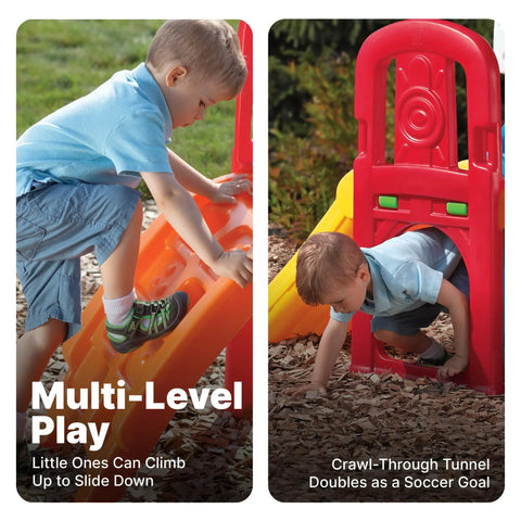 Child playing on Kids Indoor Outdoor Playset with slide and jungle gym, showcasing climbing and crawling features for ages 2 to 6.