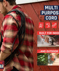 Person with Heavy Duty 100 Ft Indoor Outdoor Extension Cord 16 AWG 3 Prong SJTW Weatherproof Cable on shoulder