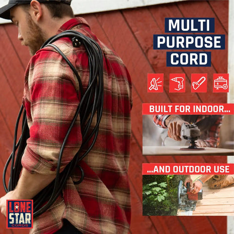Person with Heavy Duty 100 Ft Indoor Outdoor Extension Cord 16 AWG 3 Prong SJTW Weatherproof Cable on shoulder