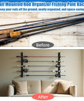 16 Pack Fishing Rod Holders For Wall And Ceiling Mounted Racks Horizontal Pole Storage System Holds Up To 40 Rods Keeps Gear Off The Floor And Neatly Organized Ideal For Garage Boats Docks And Outdoor Gear showing before and after installation.