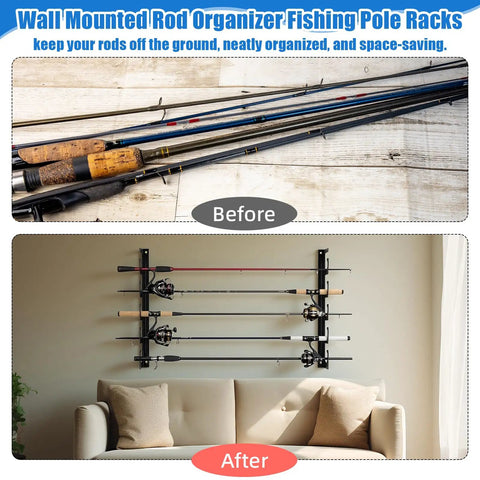 16 Pack Fishing Rod Holders For Wall And Ceiling Mounted Racks Horizontal Pole Storage System Holds Up To 40 Rods Keeps Gear Off The Floor And Neatly Organized Ideal For Garage Boats Docks And Outdoor Gear showing before and after installation.