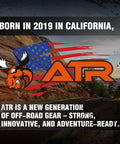 ATR logo with a moose in front of a stylized USA flag, text about off-road gear innovation on a scenic rocky background.
