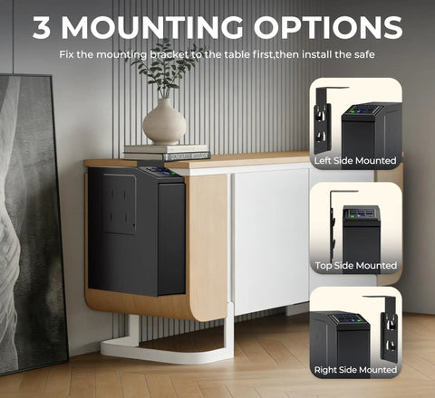 Grab That Biometric Slider Safe With Four Fast Unlocks, Wall Mountable Vault For Nightstand, Desk, Or Daily Ride, Rock Solid Home Defense Lock Box Keeping Your Valuables Locked Down Tight, shown with three mounting options.
