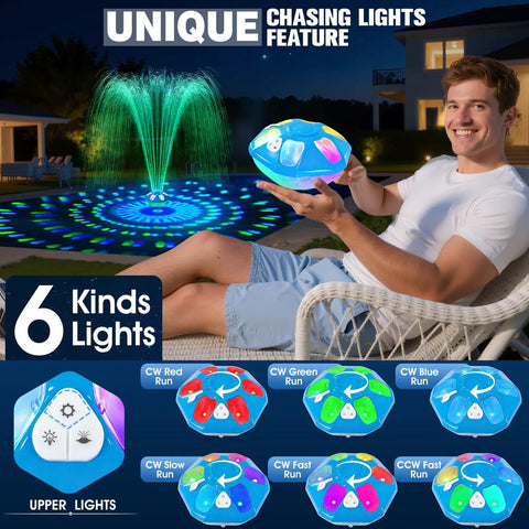 Person holding a 9000mAh Rechargeable Floating Pool Fountain With Light Show No Solar Needed Anchor Included Large LED Water Pump