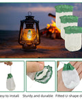 10 Pack U Shaped Lantern Mantles for Propane Lamps, shown lit near a campfire with close-up details of mantle features
