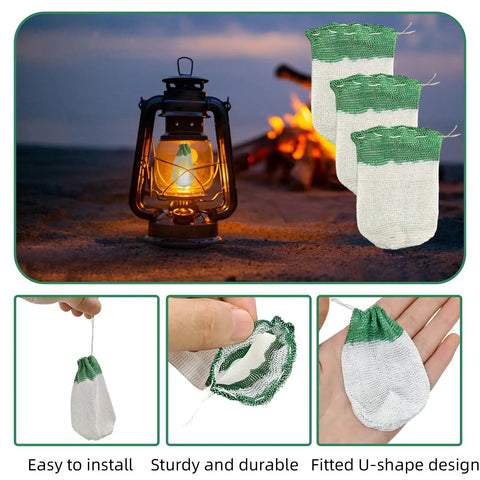 10 Pack U Shaped Lantern Mantles for Propane Lamps, shown lit near a campfire with close-up details of mantle features