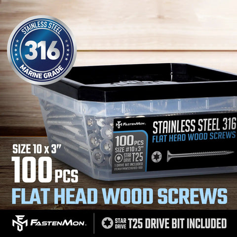 Heavy Duty 10 X 3 Inch Type 316 Marine Grade Stainless Steel Wood Screws With Torx T25 Flat Head In A Hella Solid 100 Count Pack for outdoor projects.