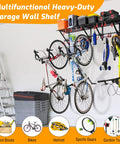 Heavy Duty Garage Wall Shelves With Bike Hooks, Adjustable Wall Mount Organizer, holding bicycles and tools, black, 2 pack.