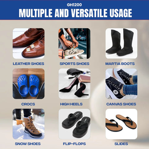 Various shoes and boots types showing Heavy Duty Shoe Glue Crystal Clear Fast Dry Bond For Sneakers Boots Heels Crocs And More Strong Flexible Repairs That Wont Stiffen Soles Water Resistant Extreme Condition Ready Long Lasting Fix