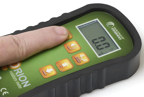 Pinless Wood Moisture Meter With Dual Depth Readings, Non-Damaging Sensor, On-Site Calibration, Pro-Grade Lumber Moisture Measurement For Woodworking, Construction, And DIY Projects, green display and finger pressing button