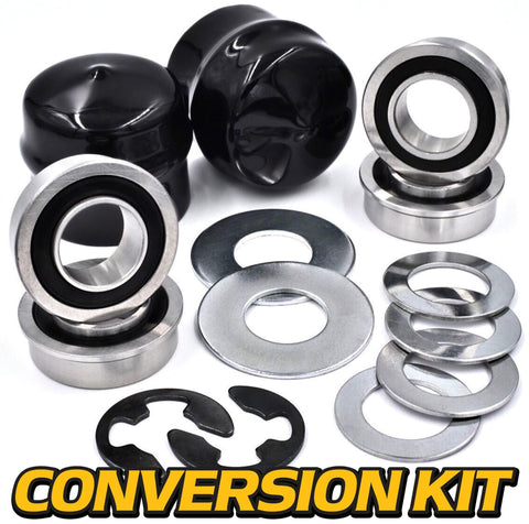 4 Pack HD Switch Front Wheel Bushing To Bearing Conversion Kit For Lawn Tractors And Mowers Fits 1.375 Inch Rim And 0.750 Inch Axle Hi Temp Grease Ready Durable Hub Caps And Heat Treated Hardware Upgrade components displayed in close-up