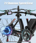 500W Electric Mountain Bike With Cruise Control And Pedal Assist For Adults 26 Inch Wheels 21 Speed Drivetrain 48V 375Wh Battery Smooth Acceleration Kickass Hill Climb Long Range Commuter EBike UL2849 Certified, 21-speed shifter close-up