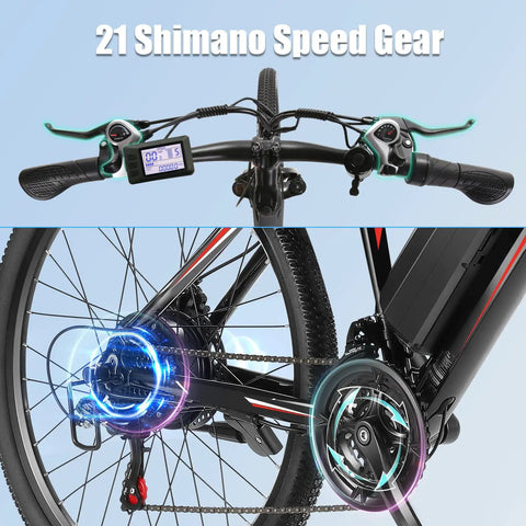 500W Electric Mountain Bike With Cruise Control And Pedal Assist For Adults 26 Inch Wheels 21 Speed Drivetrain 48V 375Wh Battery Smooth Acceleration Kickass Hill Climb Long Range Commuter EBike UL2849 Certified, 21-speed shifter close-up