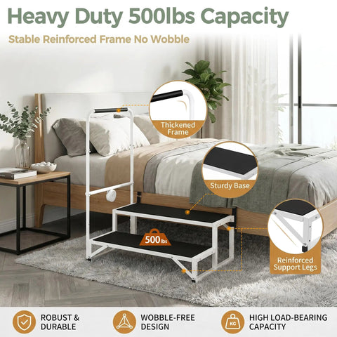 Senior Friendly Bed Step Stool For Adults And Elderly No Fuss Non Slip Stable Height Helper in bedroom setting with handrail
