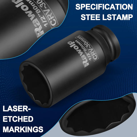 Beefy 30mm 12 Point Impact Socket For One Half Inch Drive Deep Well Axle Nut and Hub Lock Nut Removal with laser-etched markings