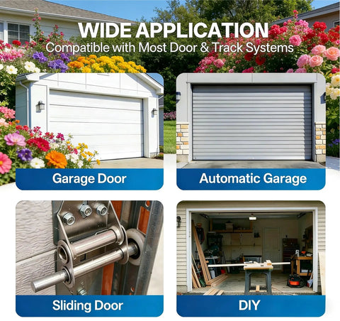 Wide application of 10 Pack Two Inch Nylon Garage Door Rollers With 6200 ZZ Dual Sealed Bearings shown on garage and sliding doors.