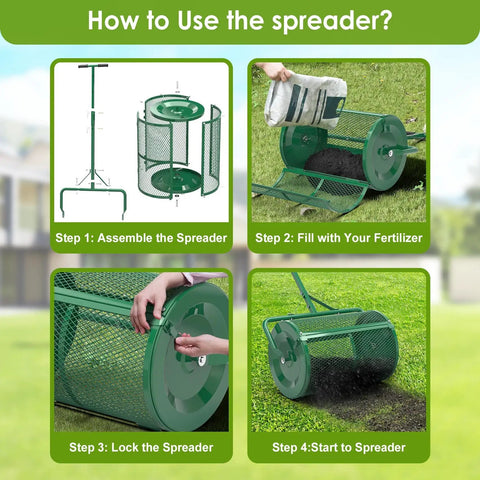 Heavy Duty 24 Inch Compost Spreader For Lawn And Garden With Beefed Up Peat Moss And Topsoil Spreader Three Height Settings Powder Coated Metal Mesh Side Latch Upgrade Tow Or Push Versatility demonstration in four steps