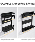 Magnetic Paper Towel Holder With Shelf 2 In 1 Rustic Organizer For Kitchen, black foldable wall-mounted design shown open and closed