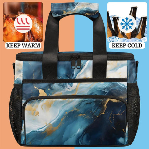 Blue Liquid Insulated Picnic Backpack Lunch Bag with dual-tone design, showing keep warm and keep cold symbols on side.
