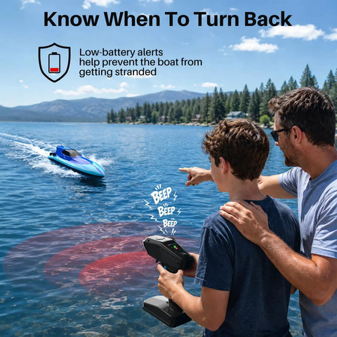 Man and boy operating Brushless RC Boat For Adults And Teens 35 KPH Crazy Fast High Speed Remote Control Boat With Self Righting Auto Demo