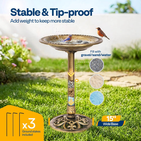 Weather Resistant Outdoor Polyresin Bird Bath With 28 Inch Pedestal And 20 Inch Bowl In Antique Copper Finish For Garden Backyard And Patio Stable And Tip Proof Built To Last Easy Setup No Fuss