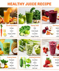 Healthy juice recipe collage showing six juice glasses and fresh fruits and vegetables.