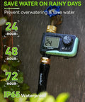 Brass Inlet With Brass Swivel Sprinkler Timer With Rain Delay And Manual Watering Digital Hose Irrigation System Kit For Lawns 1 Outlet Durable Metal Filter Gaskets To Stop Sediment Weatherproof Yard Water Timer shown attached to hose