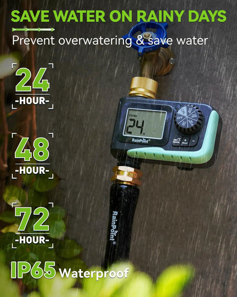 Brass Inlet With Brass Swivel Sprinkler Timer With Rain Delay And Manual Watering Digital Hose Irrigation System Kit For Lawns 1 Outlet Durable Metal Filter Gaskets To Stop Sediment Weatherproof Yard Water Timer shown attached to hose