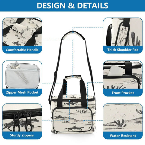 Design features of Insulated Leakproof Lunch Bag For Outdoors, showcasing handles, zippers, and material details.