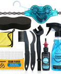 All In One Bike Cleaning Kit With Chain Degreaser, Chain Scrubber, Chain Lube, Gear Floss, Brush Set and Pro Grade Towel displayed