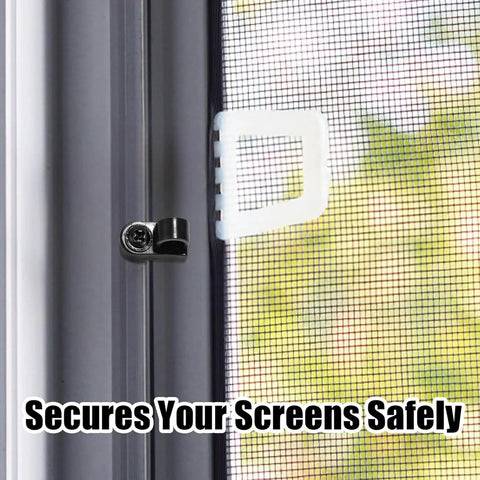 Close-up of Rock Solid Stormproof Retainers and alloy screw securing window screen, heavy duty weather nylon frame, 23x20 mm.