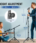Floor Mic Stand With Adjustable Tripod Boom Arm, Carrying Bag, Two Mic Clips, And Three Eighths To Five Eighths Inch Adapter in use