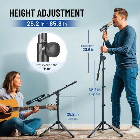 Floor Mic Stand With Adjustable Tripod Boom Arm, Carrying Bag, Two Mic Clips, And Three Eighths To Five Eighths Inch Adapter in use