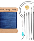 Pro Grade Upholstery Repair Sewing Kit With 32 Yard Waxed Thread And 8 Heavy Duty Leather Needles For Hand Stitching Canvas And Quilting Dark Blue 0.55mm Thread image showing blue thread and needles.