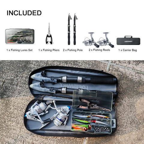 All In One Fishing Gear Kit With 2 Telescopic 6.89 Ft Rods, 2 Spinning Reels, Lures, Pliers, and Travel Carrier Bag displayed