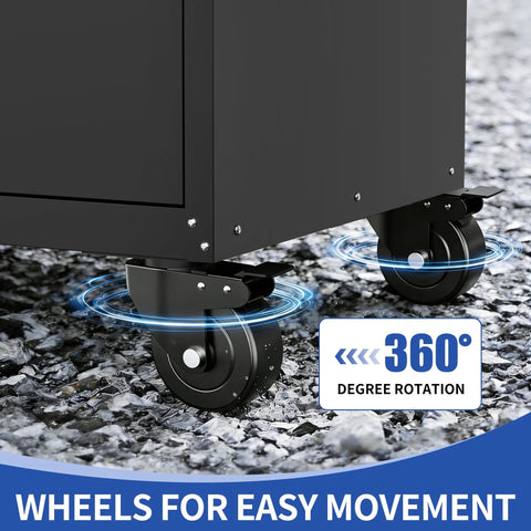 30-Inch Rolling Tool Cabinet With Lockable Caster Wheels And Full Extension Slides, showcasing 360-degree rotating caster wheels for easy movement.