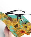 Microfiber lens cleaning cloth 6x6 with turquoise background and Van Gogh sunflower design for eyeglasses