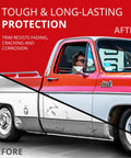 All-Fit square-body side molding, 2.25-in chrome trim for 1973–1987 Chevy C10/GMC pickups, installed on truck