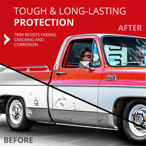 All-Fit square-body side molding, 2.25-in chrome trim for 1973–1987 Chevy C10/GMC pickups, installed on truck