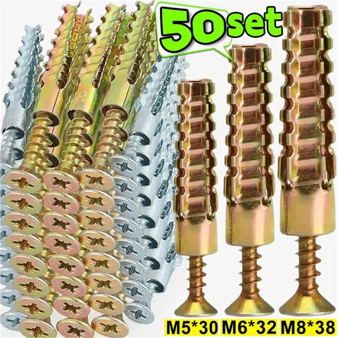 50 Sets Steel Wall Anchor And Screw Kit For Drywall Self Drilling No Prep Installation With Yellow Zinc Plated Carbon Steel Fasteners For Rock Solid Strong Secure Mounts, M5x30