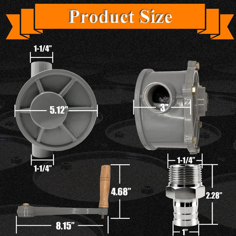 NPT Thread Gas Caddy Pump Kit With Rotary Hand Oil Transfer Pump For 10-55 Gallon Caddies Aluminum Body 1.25 Inch Outlet Quick Fuel Transfer For Gas Diesel And Non-Corrosive Oils Light To Medium Viscosity. product size dimensions